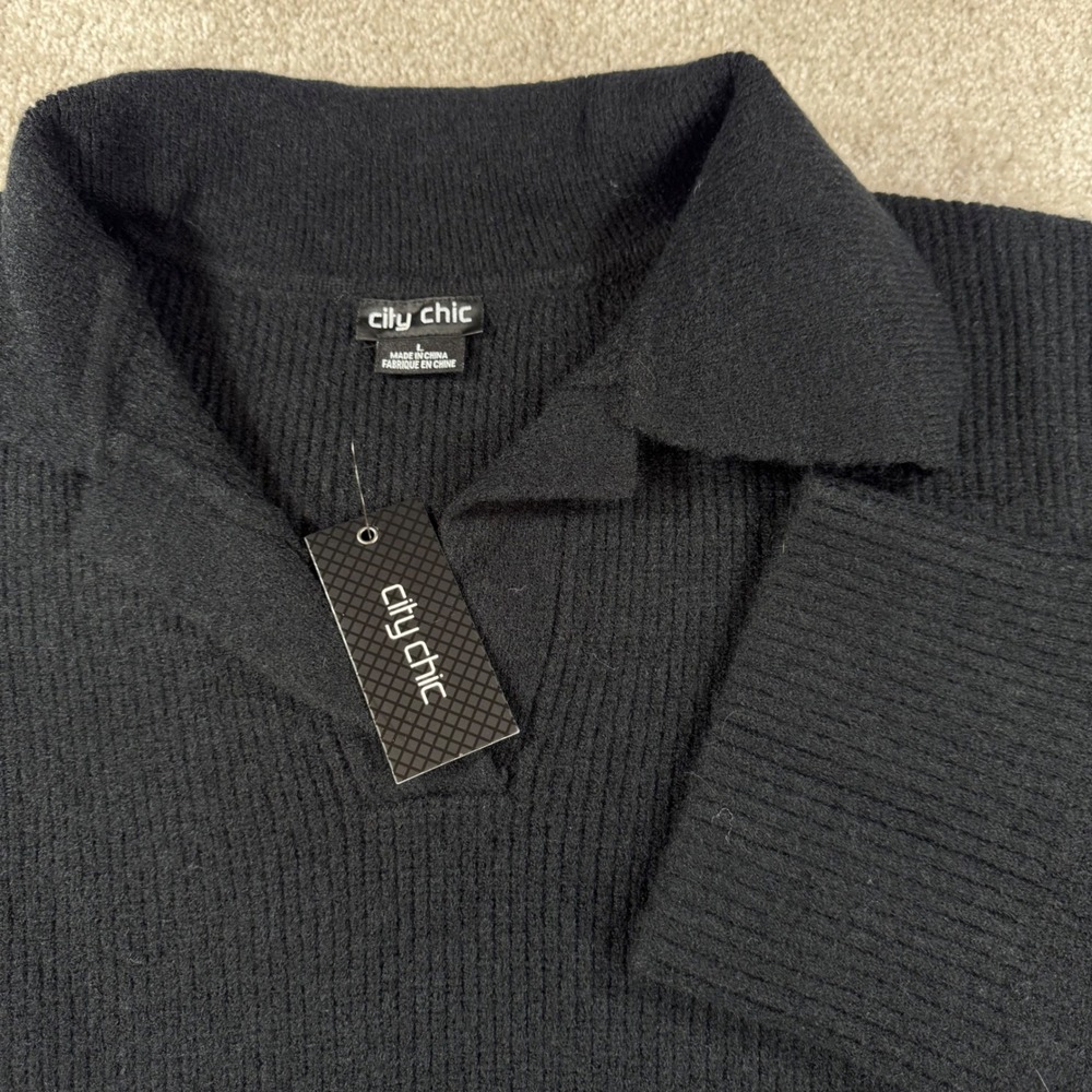 City Chic Black Ribbed Polo Sweater Collared V-Neck Plus Size L US 20 NEW
